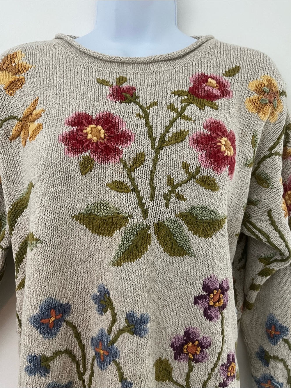 VTG Northern Isles Embroidered Floral Knit Sweater Beige Size Medium Cottagecore - Picture 12 of 14